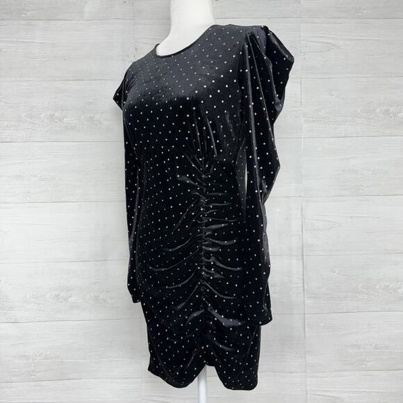 Betsey Johnson Black Velvet Dress M Power Sleeve Metallic Silver Dot Whimsigoth - Picture 7 of 16